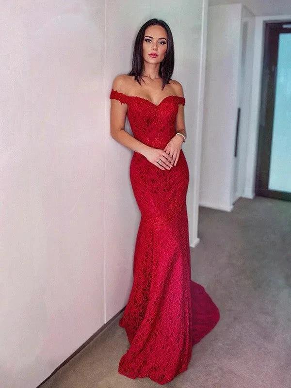 Sheath/Column Off-the-Shoulder Sleeveless Lace Ruffles Prom Dresses - Image 5
