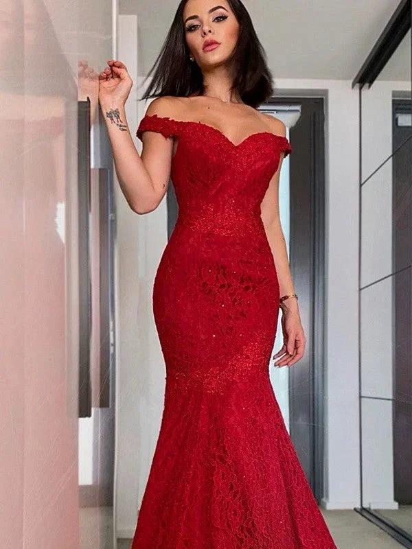 Sheath/Column Off-the-Shoulder Sleeveless Lace Ruffles Prom Dresses - Image 7