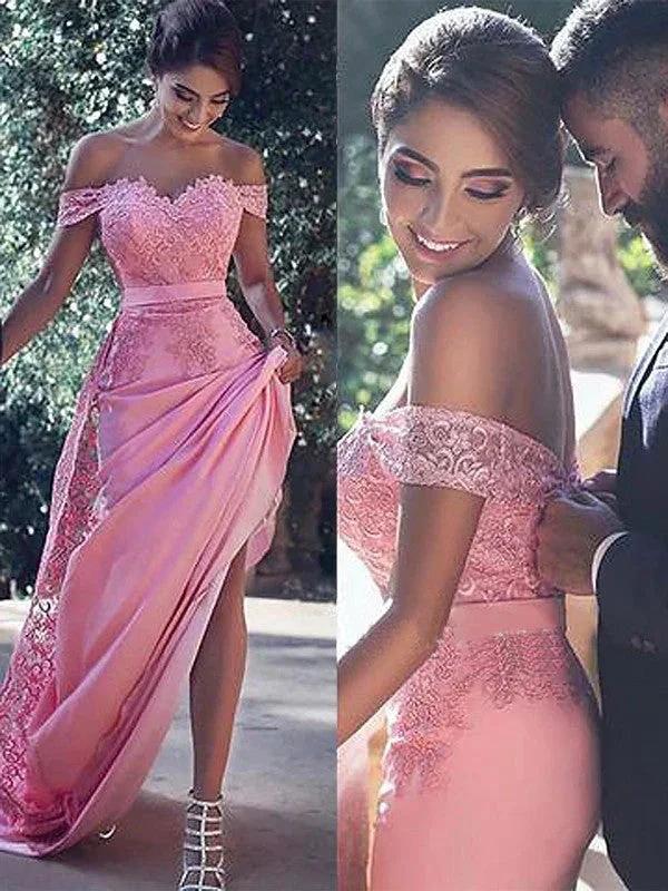 Sheath/Column Off-the-Shoulder Sleeveless Silk Like Satin Prom Dresses - Image 2