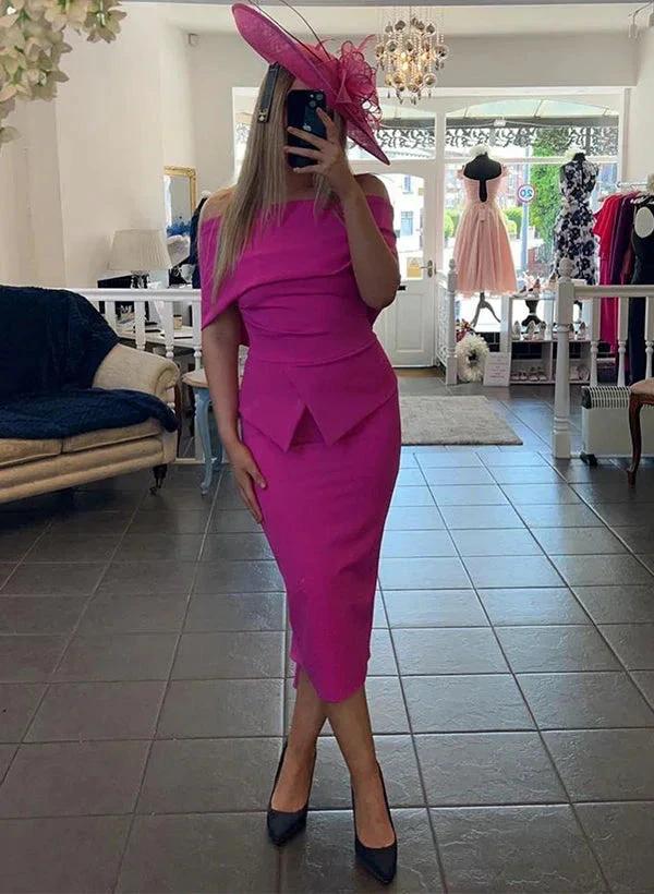 Sheath/Column Off-the-Shoulder Tea-Length Mother of the Bride Dresses - Image 3