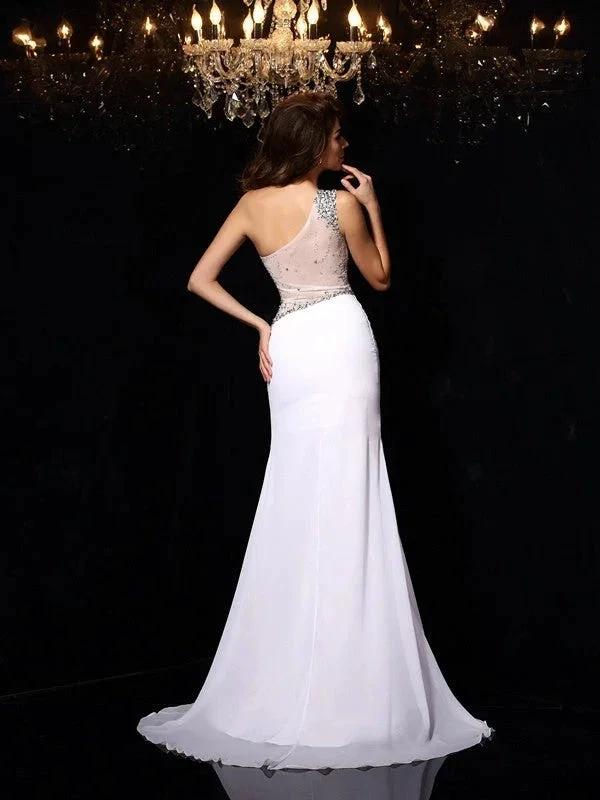 Sheath/Column One-Shoulder Beading Sleeveless Long Chiffon Prom Dresses - Image 2