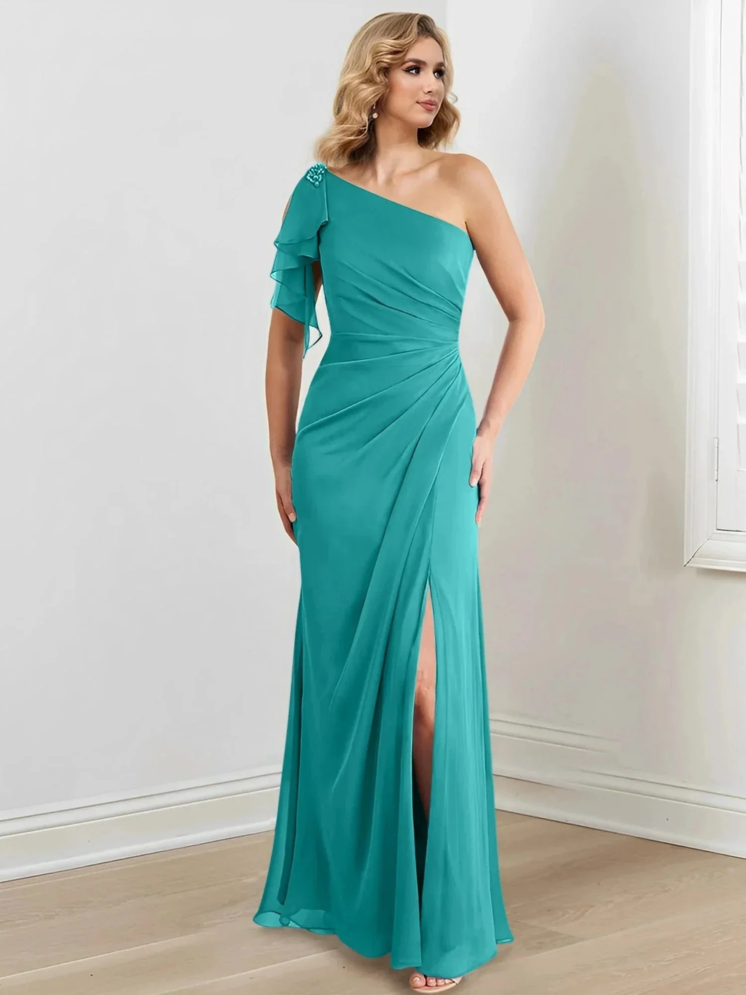 Sheath/Column One-Shoulder Floor-Length Mother of the Bride Dresses - Image 4