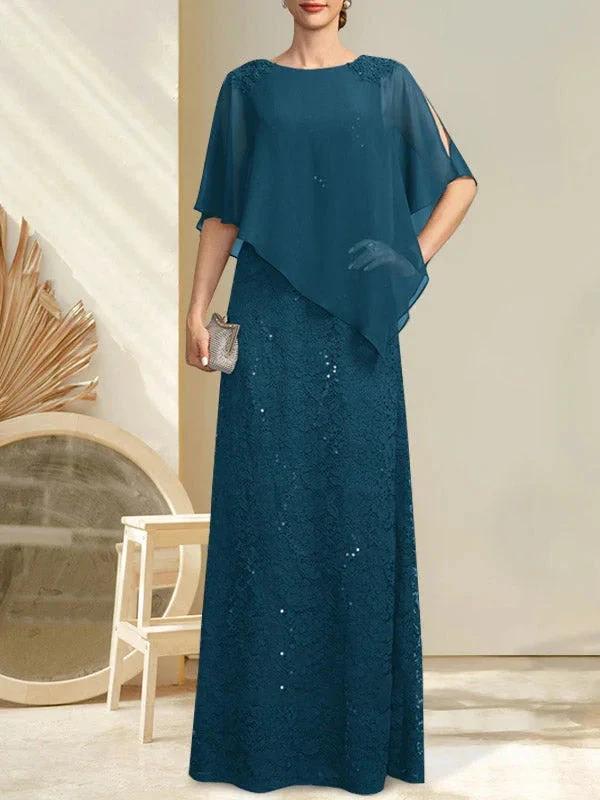 Sheath/Column Scoop Floor-Length Chiffon Lace Mother of the Bride Dress With Sequins Beading - Image 10