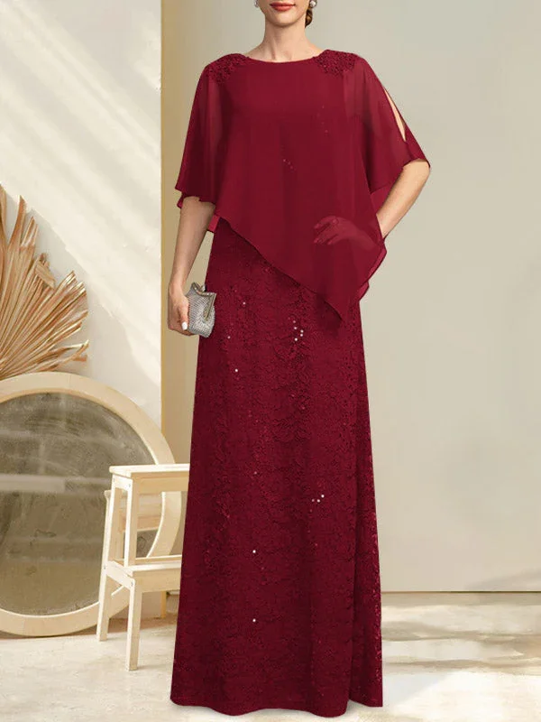 Sheath/Column Scoop Floor-Length Chiffon Lace Mother of the Bride Dress With Sequins Beading - Image 17