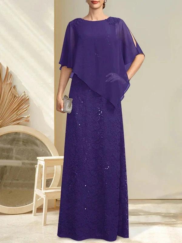 Sheath/Column Scoop Floor-Length Chiffon Lace Mother of the Bride Dress With Sequins Beading - Image 24
