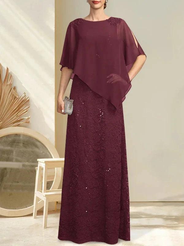 Sheath/Column Scoop Floor-Length Chiffon Lace Mother of the Bride Dress With Sequins Beading - Image 26