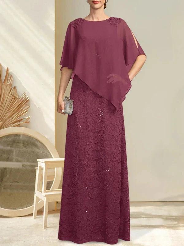 Sheath/Column Scoop Floor-Length Chiffon Lace Mother of the Bride Dress With Sequins Beading - Image 27
