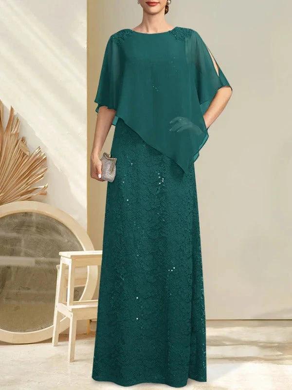Sheath/Column Scoop Floor-Length Chiffon Lace Mother of the Bride Dress With Sequins Beading - Image 30