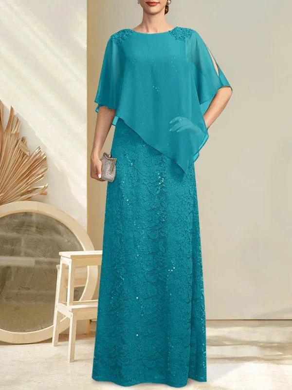 Sheath/Column Scoop Floor-Length Chiffon Lace Mother of the Bride Dress With Sequins Beading - Image 31