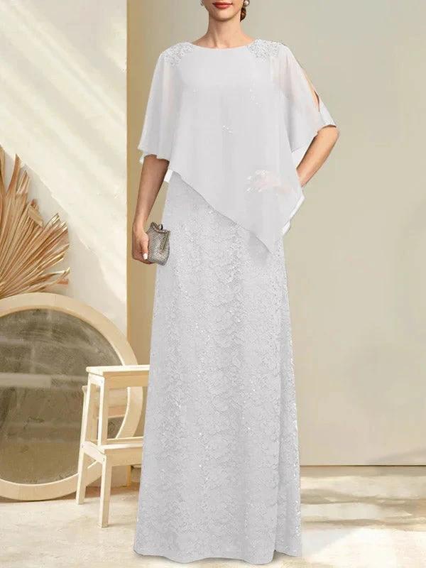 Sheath/Column Scoop Floor-Length Chiffon Lace Mother of the Bride Dress With Sequins Beading - Image 34