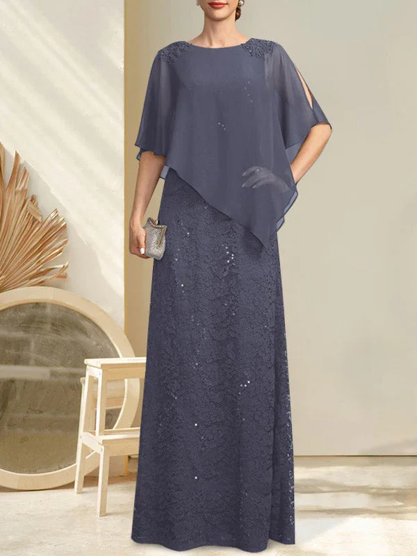 Sheath/Column Scoop Floor-Length Chiffon Lace Mother of the Bride Dress With Sequins Beading - Image 9