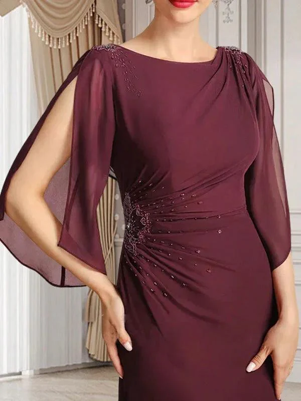 Sheath/Column Scoop Floor-Length Chiffon Mother of the Bride Dress With Pleated Beading - Image 3
