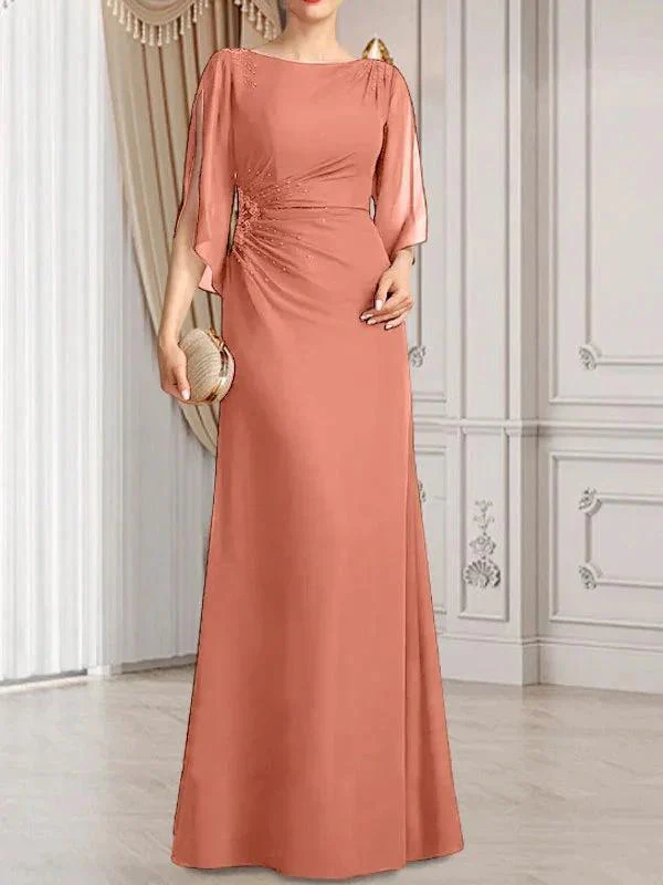Sheath/Column Scoop Floor-Length Chiffon Mother of the Bride Dress With Pleated Beading - Image 39