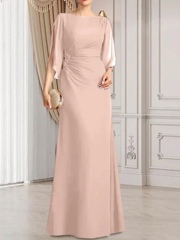 Sheath/Column Scoop Floor-Length Chiffon Mother of the Bride Dress With Pleated Beading - Image 42
