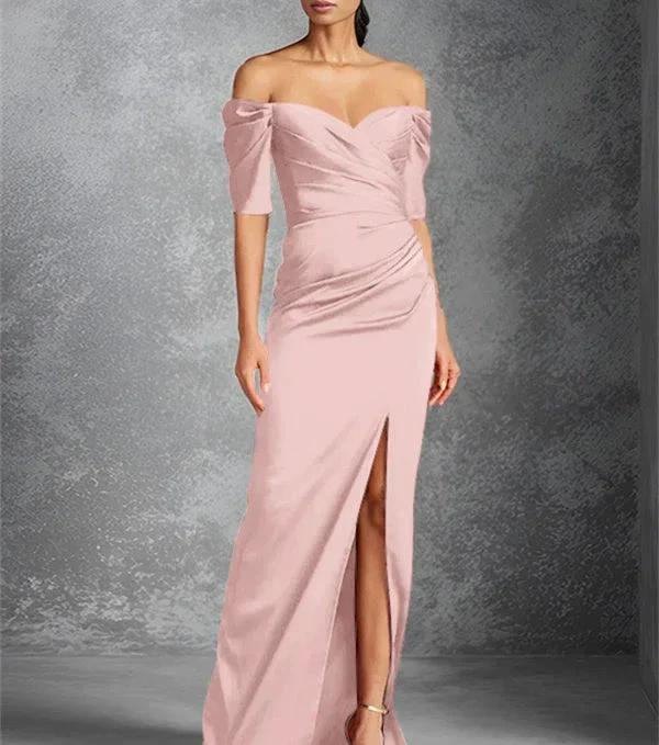 Sheath/Column Off-the-Shoulder Short Sleeves Floor-Length Mother of the Bride Dresses With Split Front - Image 10