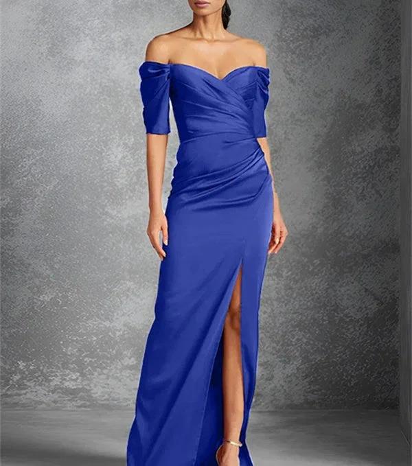 Sheath/Column Off-the-Shoulder Short Sleeves Floor-Length Mother of the Bride Dresses With Split Front - Image 12