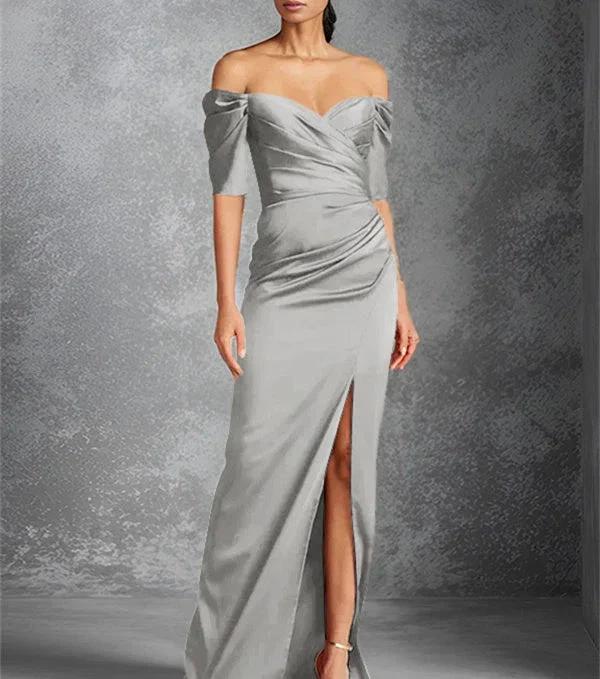 Sheath/Column Off-the-Shoulder Short Sleeves Floor-Length Mother of the Bride Dresses With Split Front - Image 13