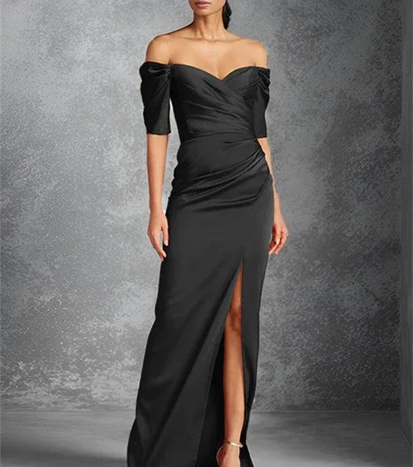 Sheath/Column Off-the-Shoulder Short Sleeves Floor-Length Mother of the Bride Dresses With Split Front - Image 14
