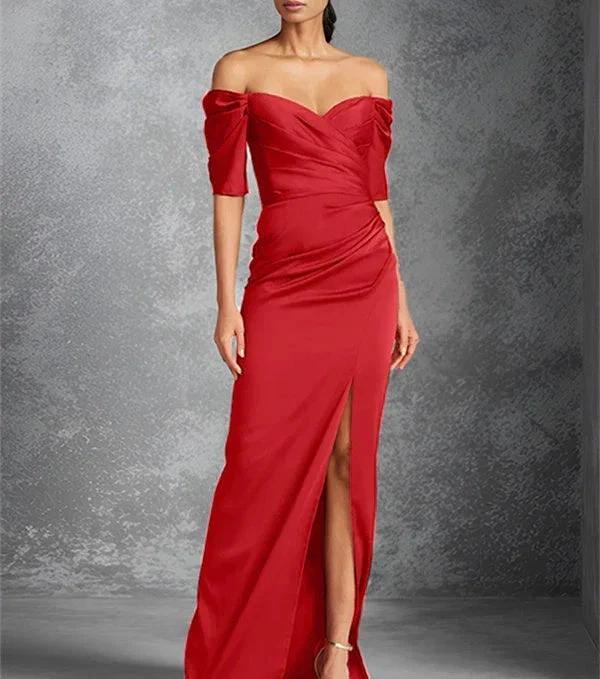 Sheath/Column Off-the-Shoulder Short Sleeves Floor-Length Mother of the Bride Dresses With Split Front - Image 17