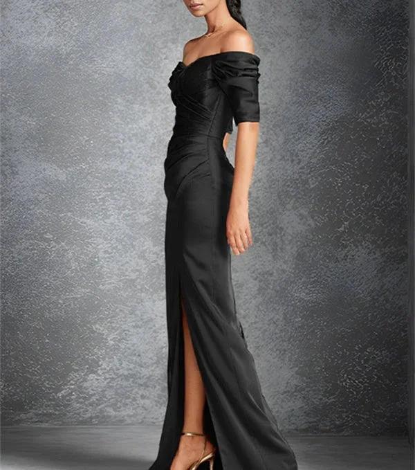Sheath/Column Off-the-Shoulder Short Sleeves Floor-Length Mother of the Bride Dresses With Split Front - Image 2