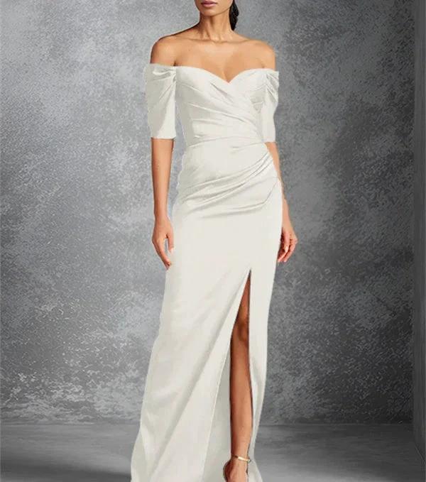 Sheath/Column Off-the-Shoulder Short Sleeves Floor-Length Mother of the Bride Dresses With Split Front - Image 20