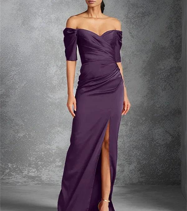 Sheath/Column Off-the-Shoulder Short Sleeves Floor-Length Mother of the Bride Dresses With Split Front - Image 21