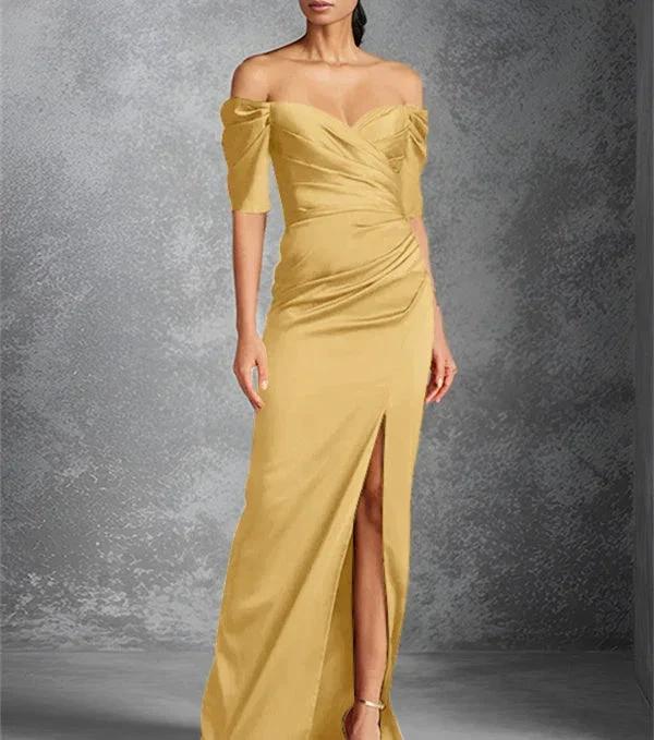 Sheath/Column Off-the-Shoulder Short Sleeves Floor-Length Mother of the Bride Dresses With Split Front - Image 22