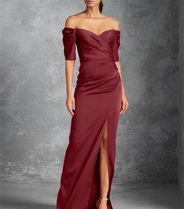 Sheath/Column Off-the-Shoulder Short Sleeves Floor-Length Mother of the Bride Dresses With Split Front - Image 4