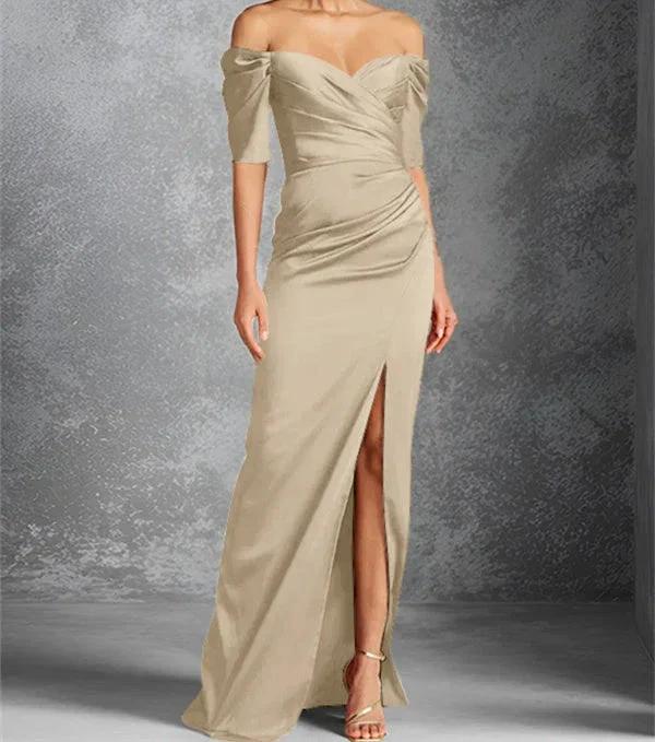 Sheath/Column Off-the-Shoulder Short Sleeves Floor-Length Mother of the Bride Dresses With Split Front - Image 5