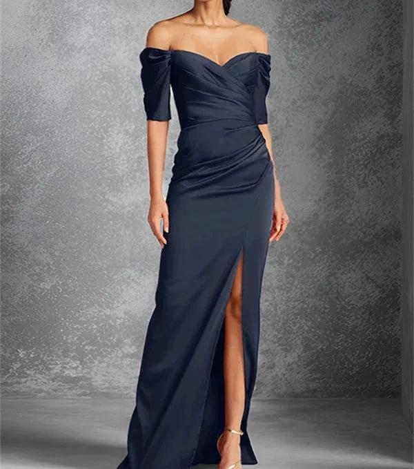 Sheath/Column Off-the-Shoulder Short Sleeves Floor-Length Mother of the Bride Dresses With Split Front - Image 6