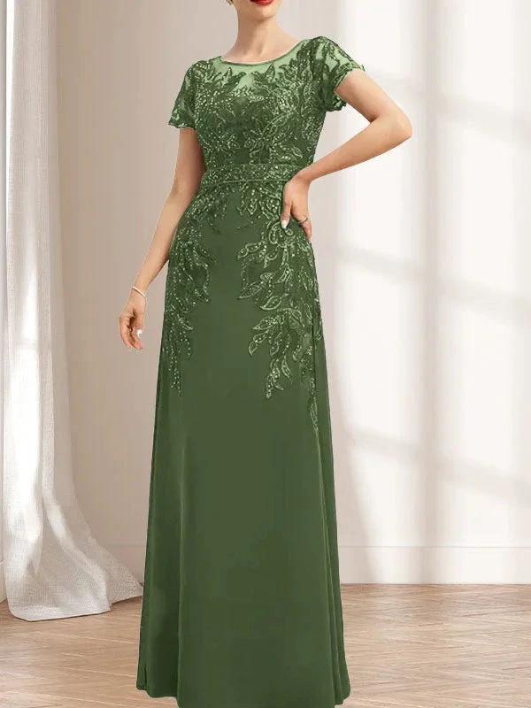 Sheath/Column Scoop Illusion Floor-Length Lace Chiffon Mother of the Bride Dress With Sequins - Image 27