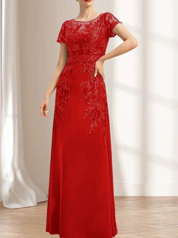 Sheath/Column Scoop Illusion Floor-Length Lace Chiffon Mother of the Bride Dress With Sequins - Image 33