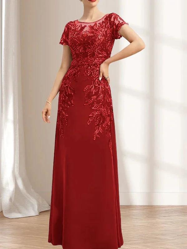Sheath/Column Scoop Illusion Floor-Length Lace Chiffon Mother of the Bride Dress With Sequins - Image 41