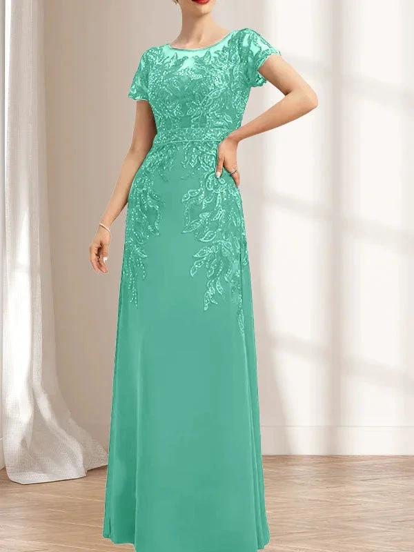 Sheath/Column Scoop Illusion Floor-Length Lace Chiffon Mother of the Bride Dress With Sequins - Image 46