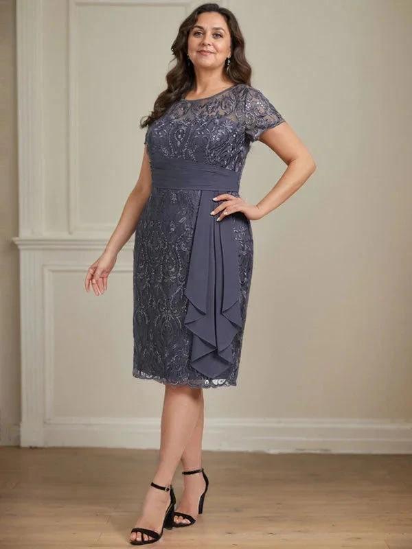 Sheath/Column Scoop Illusion Knee-Length Lace Chiffon Mother of the Bride Dress With Cascading Ruffles Sequins - Image 10