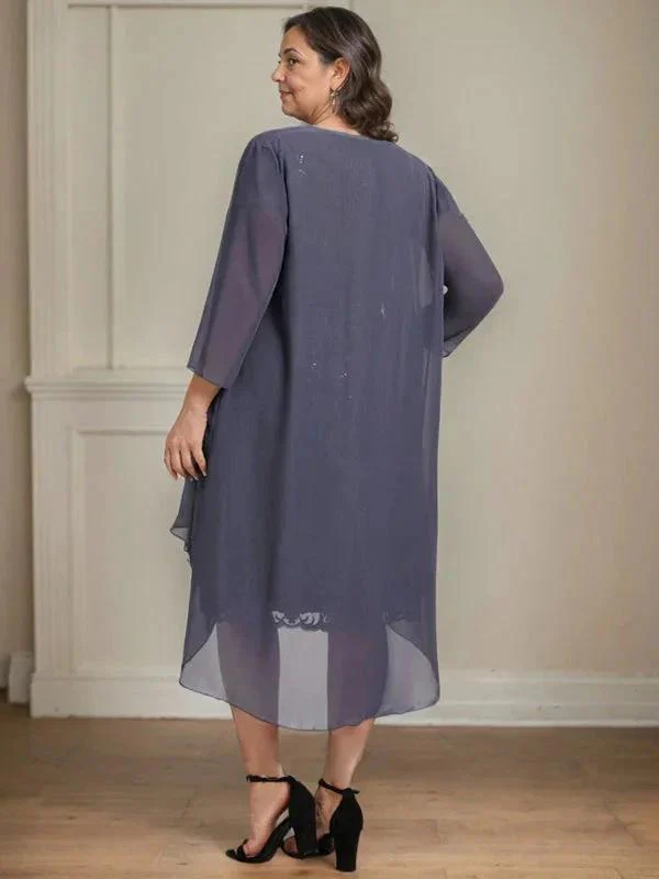 Sheath/Column Scoop Illusion Knee-Length Lace Chiffon Mother of the Bride Dress With Cascading Ruffles Sequins - Image 11