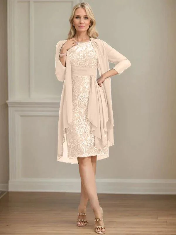 Sheath/Column Scoop Illusion Knee-Length Lace Chiffon Mother of the Bride Dress With Cascading Ruffles Sequins - Image 12
