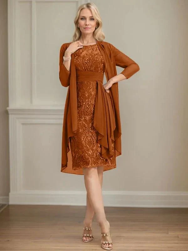 Sheath/Column Scoop Illusion Knee-Length Lace Chiffon Mother of the Bride Dress With Cascading Ruffles Sequins - Image 13