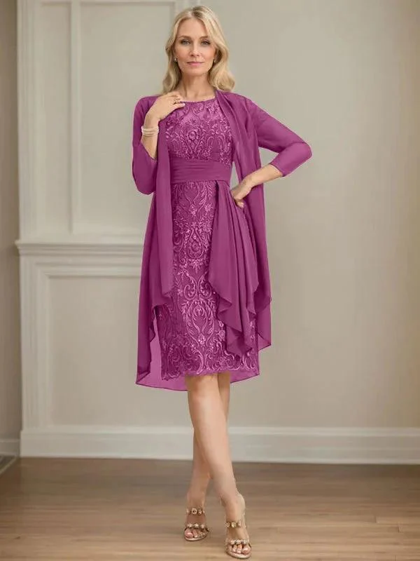 Sheath/Column Scoop Illusion Knee-Length Lace Chiffon Mother of the Bride Dress With Cascading Ruffles Sequins - Image 14
