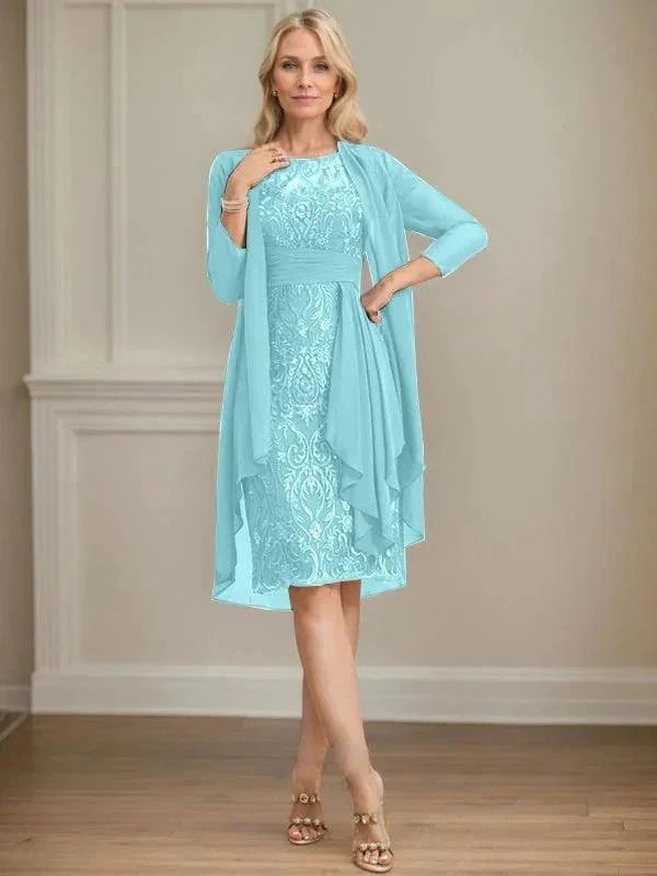 Sheath/Column Scoop Illusion Knee-Length Lace Chiffon Mother of the Bride Dress With Cascading Ruffles Sequins - Image 15