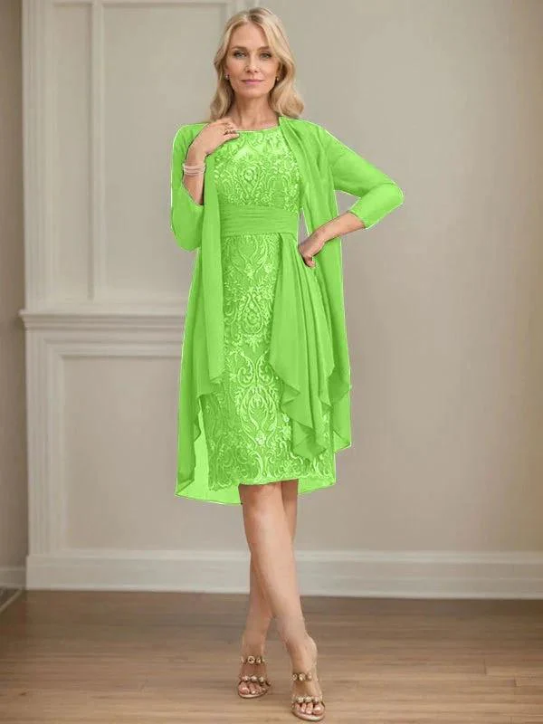 Sheath/Column Scoop Illusion Knee-Length Lace Chiffon Mother of the Bride Dress With Cascading Ruffles Sequins - Image 16