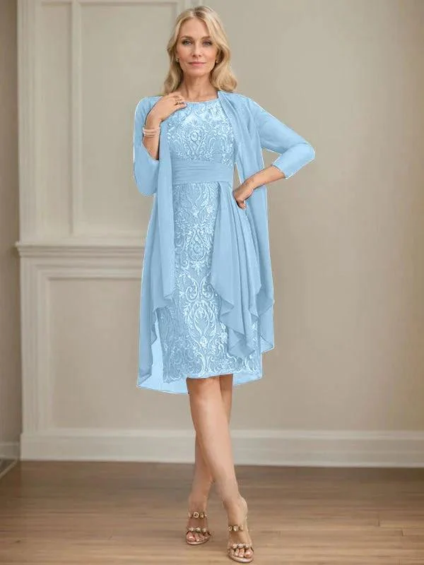 Sheath/Column Scoop Illusion Knee-Length Lace Chiffon Mother of the Bride Dress With Cascading Ruffles Sequins - Image 17