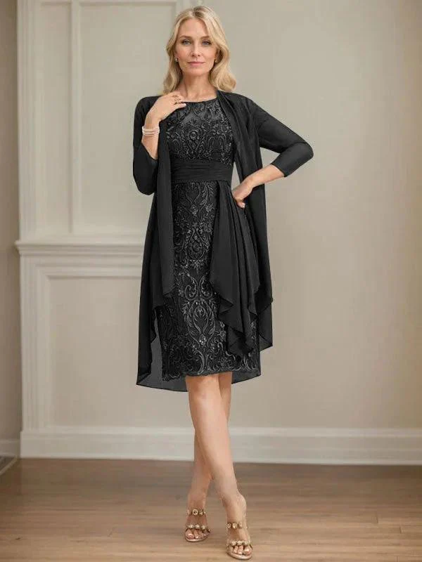 Sheath/Column Scoop Illusion Knee-Length Lace Chiffon Mother of the Bride Dress With Cascading Ruffles Sequins - Image 18