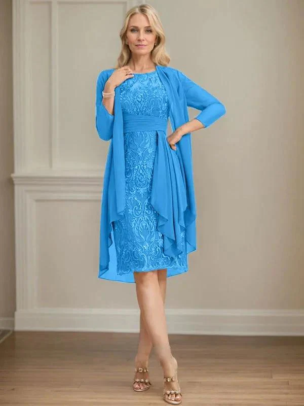 Sheath/Column Scoop Illusion Knee-Length Lace Chiffon Mother of the Bride Dress With Cascading Ruffles Sequins - Image 19