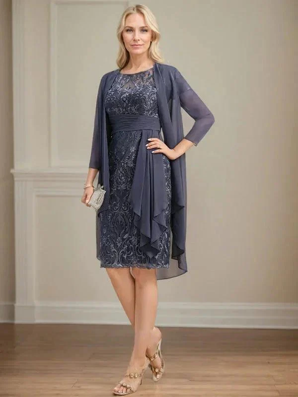 Sheath/Column Scoop Illusion Knee-Length Lace Chiffon Mother of the Bride Dress With Cascading Ruffles Sequins - Image 2