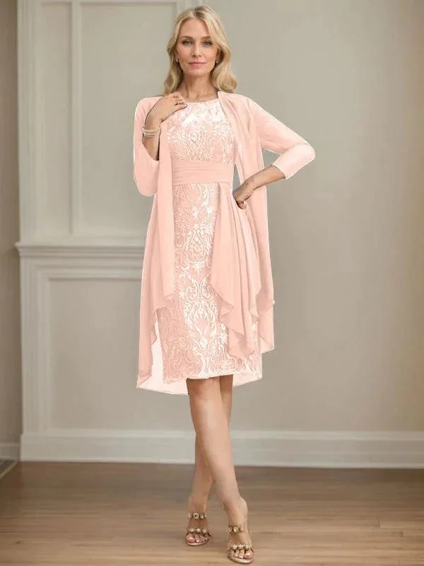 Sheath/Column Scoop Illusion Knee-Length Lace Chiffon Mother of the Bride Dress With Cascading Ruffles Sequins - Image 20