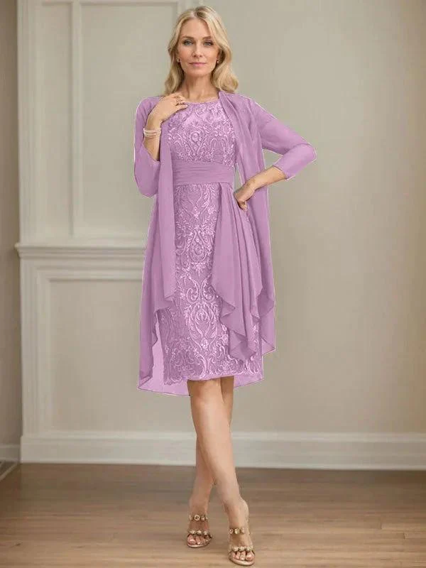 Sheath/Column Scoop Illusion Knee-Length Lace Chiffon Mother of the Bride Dress With Cascading Ruffles Sequins - Image 21