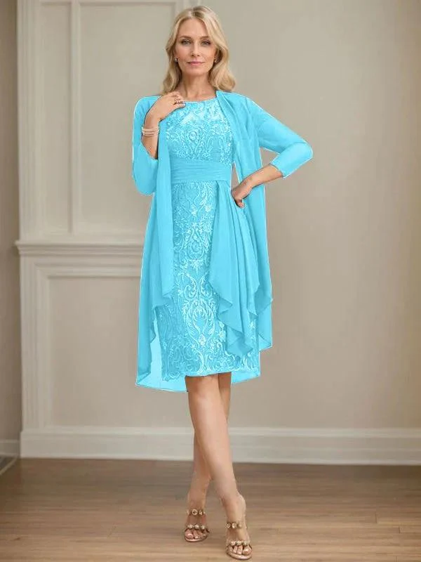 Sheath/Column Scoop Illusion Knee-Length Lace Chiffon Mother of the Bride Dress With Cascading Ruffles Sequins - Image 22
