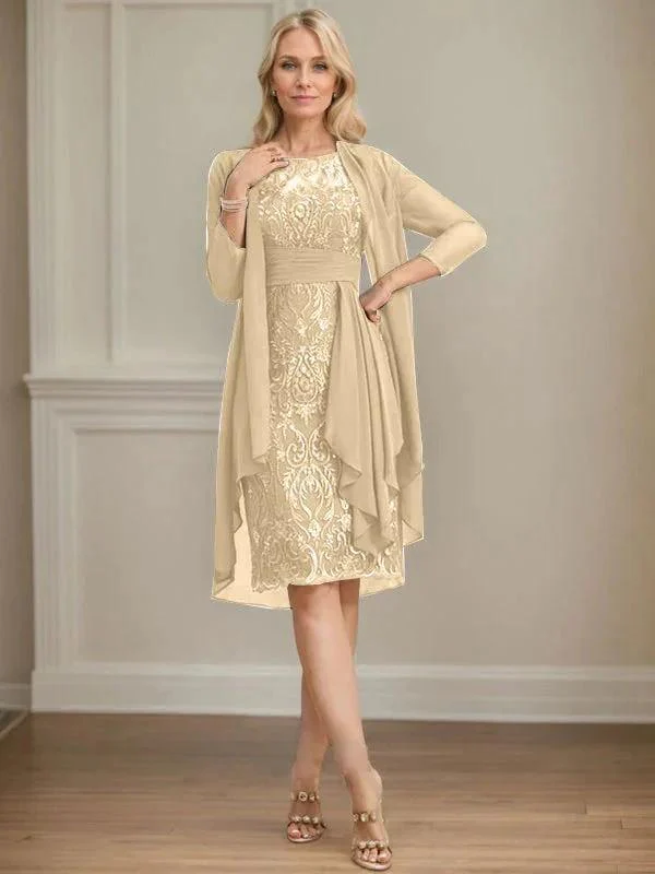 Sheath/Column Scoop Illusion Knee-Length Lace Chiffon Mother of the Bride Dress With Cascading Ruffles Sequins - Image 23