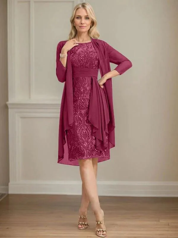 Sheath/Column Scoop Illusion Knee-Length Lace Chiffon Mother of the Bride Dress With Cascading Ruffles Sequins - Image 24